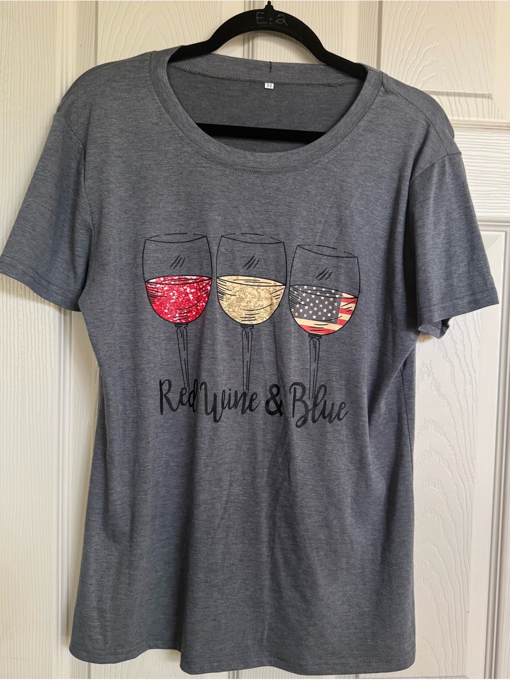 NWOT Gray Tee with Patriotic Red, Wine &Blue Wine Glass Graphic, Various Sizes
